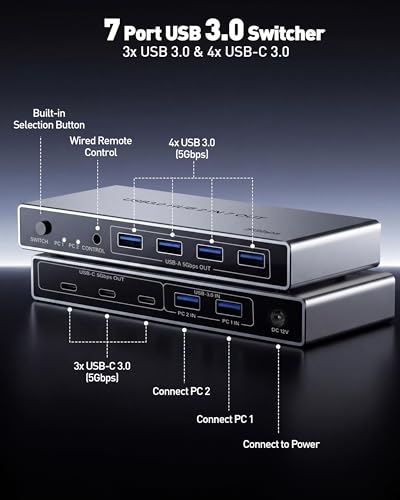 USB 3.0 Switch for 2 Computers, Sharing 4 USB-A & 3 USB-C Devices - 7 Port USB Switcher Selector to Share Keyboard, Mouse, USB Flash Drive, Printer, Scanner, with 2 USB 3.0 Cables and Controller