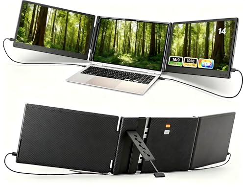Laptop Screen Extender, 14" FHD 1080P IPS Portable Monitor, Upgrade Auto-Width for 13-17.3" Laptops, Plug & Play Triple Monitor Extender with USB-C/HDMI, Compatible with Windows/Mac/Android