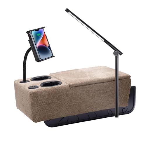 Removable Sofa Armrest, Dual Cup Holders Large Size Multifunctional Couch Caddy Storage Arm Rest with Power Wireless Charging Stand & LED Reading Light for Sofa Middle Seat Parts - color: Almond, size: Fabric-2 CUPS