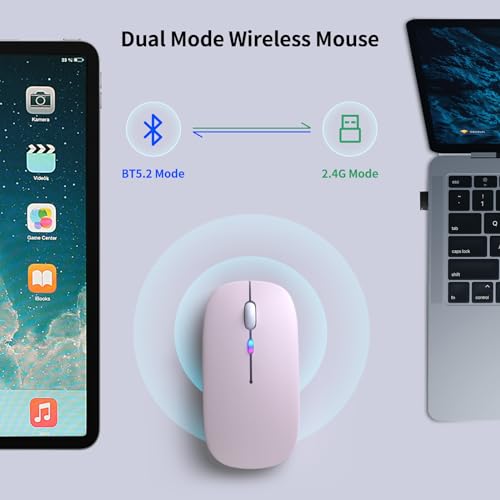 KANMABPC Wireless Bluetooth Mouse – Rechargeable, Silent, Dual Mode (Bluetooth 5.2 & USB) with LED Lights – Portable for Laptop, Desktop, & Tablet(Pink) - color: Pink