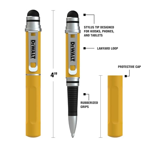 DEWALT Heavy Duty 3-in-1 Mini Stylus Pocket Pen, Tablet Pens for iPad, EDC Touch Screen Pens, Ballpoint w/Touchscreen Tip, Keypad Tip, Compatible iPhone Stylus Pen, Extra Ink Cartridge
