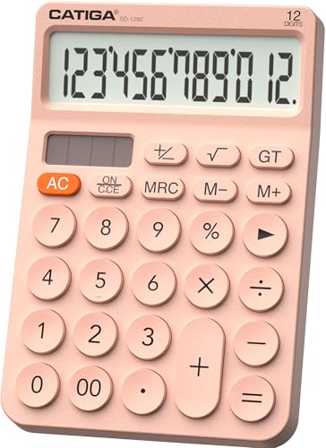CATIGA 12 Digit Desktop Calculator Basic Desk Calculator with Large LCD Display, Big Buttons, 4 Function, Solar and Battery Dual Power, for Office, School, Home, SD-1292 Pink - color: 3) Pink