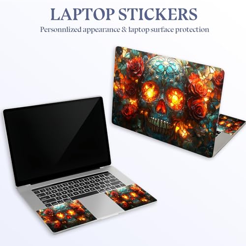Universal Laptop Skin Sticker Decal,15.6 Inch Laptop Vinyl Cover for 13" 14" 15.6" Laptop,Scratch-Resistant Waterproof Protector Wrap,Reusable with Wrist Pads,Stained Glass Skull Roses - color: Stained Glass Skull Roses