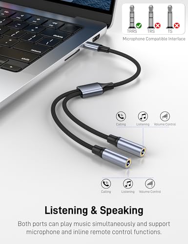 USB C to Dual 3.5mm Female Headphone Splitter, Type C to Dual 3.5mm Female Aux Y Jack Splitter Headphone Microphone Adapter for iPhone 17 16 15 Pro Max, Samsung Galaxy S25 S24, Pixel, Note