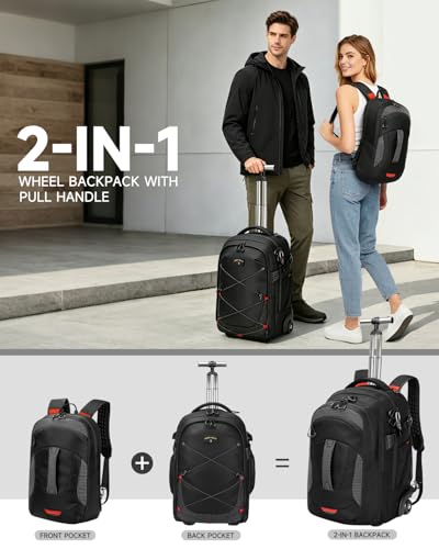 2-in-1 Detachable Backpack with wheels,56L Large rolling backpack-Splits into Daypack & Laptop Backpack Fits 17 Inch Laptop,Water Resistant Luggage suitcase,Air Travel,Weekend Trips - color: Black