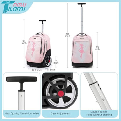 NEW TILAMI 19 inch Rolling Backpack Teens Rolling Backpack Cute Wheeled Laptop Backpack Bookbag Roller Travel Bag College, Flower Fairy (No USB interface) - color: Pink Flower Fairy