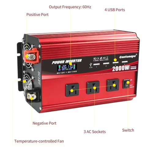Cantonape 2000W Power Inverter 12V to 110V/120V DC to AC with LCD Display, Remote Controller 3 x AC Outlets and 4 x 3.1A USB Car Adapter for Car Truck Boat RV Solar System - size: 2000W-12V