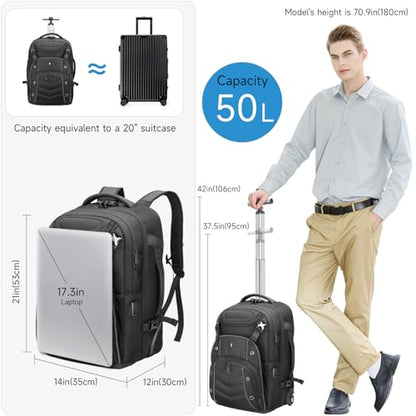 2-in-1 Large Rolling Laptop Backpack for Women Men, 50L Backpack with Wheels, USB Charging Port, Shoe Compartment Carry On Luggage for Travel, College, Sports, Gym, Weekend Trip