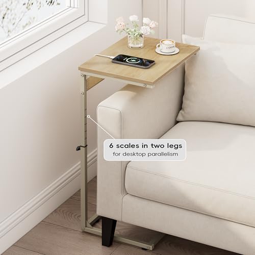 C Shaped End Table with Charging Station, Adjustable Height Side Table for Couch, Small Side Table, 33.2'' Tall Couch Tables that Slide Under, Tv Tray End Table for Living Room, Natural - color: Natural (1 Pack), style: With Plug