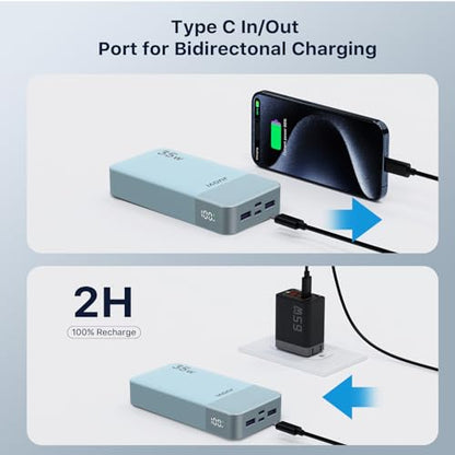 JUOVI J2651 Portable Charger, 35W 20000mAh USB C in & Out Power Bank, Battery Pack with QC4.0+PD3.0 35W High-Speed Charging for Bluetooth Earbud, Mobile Phone, Tablet (Blue) - color: Blue