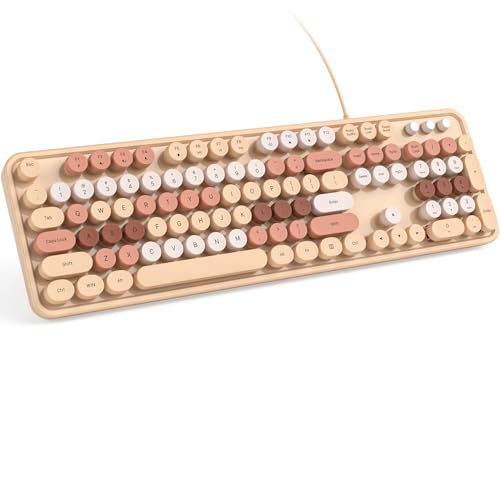 KNOWSQT Wired Computer Keyboard - Milk Tea Colorful Retro Full Size Round Keycaps Plug and Play Typewriter Cute Keyboards for Windows, Laptop, PC, Desktop, Computer - color: Milk Tea Colorful