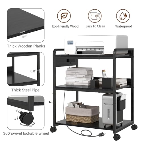 Livofloral Printer Stands with Charging Station, 25.2 x 18.9 Inch Large Printer Stand with Wheels for Home Office, 3 Tier Printer Table with Power Outlet USB Port, Printer Shredder Stand, Black - color: Black