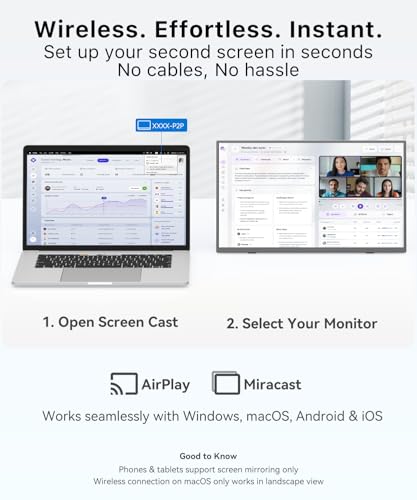 Wireless Portable Monitor for Laptop, 15.6" Portable Monitor with Battery | 1080P FHD Second Screen for Home & Office, AirPlay & Miracast Casting, No Cables or Drivers Needed