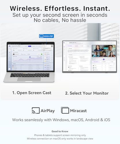 Wireless Portable Monitor for Laptop, 15.6" Portable Monitor with Battery | 1080P FHD Second Screen for Home & Office, AirPlay & Miracast Casting, No Cables or Drivers Needed
