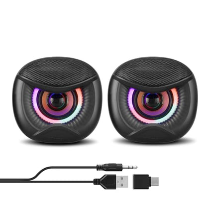 Elimavi USB Computer Speakers, 3.5mm Aux Speaker and USB Powered Interface are Suitable for Desktop Laptop Monitor, Owl Eye Design, Includes a USB-C Adapter, Colorful Lights - style: Colorful lights