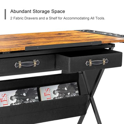 VECELO Drafting Table Art Desk Art Table Adjustable Drawing Table Tilted Tabletop with 2 Storage Drawers and Stool, Drawing Desk for Artist Painters Drawing, Crafting, Reading, Writing, Rustic Brown - color: Rustic Brown