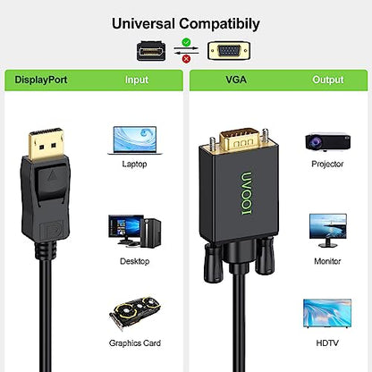 Display Port to VGA Cable 6FT, DisplayPort DP to VGA Male Adapter Cord Gold-Plated Compatible for Dell, HP Lenovo, ASUS and More