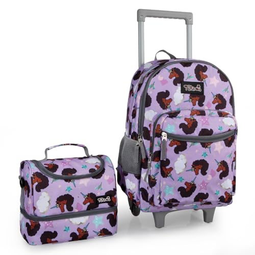 Tilami Rolling Backpack for Kids 18 Inch Double Handle Wheeled Bookbag for Boys & Girls for School & Travel,Brown unicorn - color: Brown Unicorn