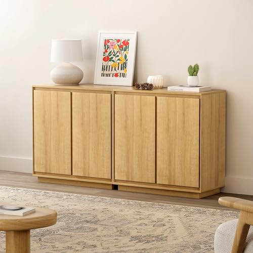 EYYTHUNG Buffet Storage Cabinet Set of 2, Accent Sideboard Cabinet with Adjustable Shelves and Handless Design, Credenza Console Table for Living Room, Natural Oak - color: Natural Oak, size: 2 PCS