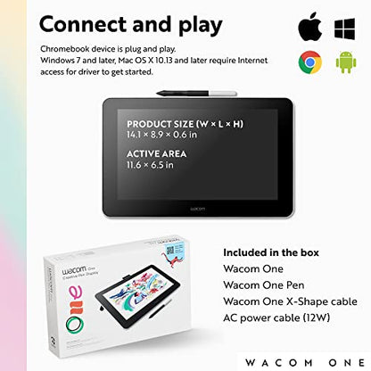 Wacom One HD Creative Pen Display, Drawing Tablet with Screen, 13.3" Graphics Monitor; Works with Mac, PC & Chromebook, Photo/Video Editing, Drawing & Education Old Gen (2019)