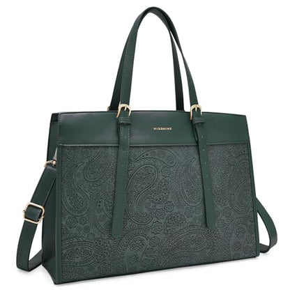 Missnine Laptop Tote Bag for Women 15.6 Inch Leather Work Bags Teacher Computer Purse Briefcase Handbag for Office, Travel - color: Embossed Green