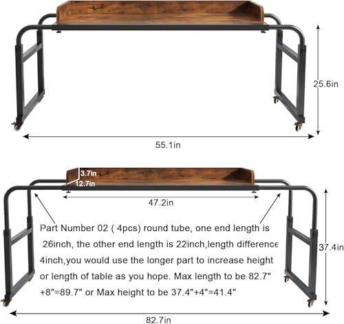 LINGMI Kids and Adult Desk, Overbed Table with Wheels, Bed Desk Recliner Table Adjustable Height Laptop Table, Queen King Size Over The Bed Table with Metal Leg(Rustic Brown) - color: Rustic Brown