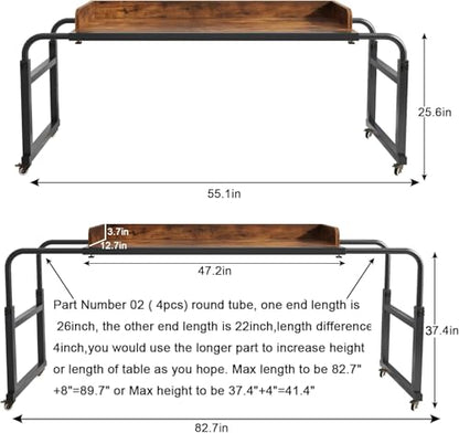 LINGMI Kids and Adult Desk, Overbed Table with Wheels, Bed Desk Recliner Table Adjustable Height Laptop Table, Queen King Size Over The Bed Table with Metal Leg(Rustic Brown) - color: Rustic Brown