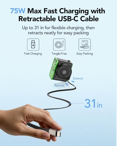 MFish 75W Universal Travel Adapter, 5-Port International Power Adapter with Retractable USB-C Cable, 3 USB-C & 1 USB-A + AC Outlet, Worldwide Wall Charger for MacBook, iPhone, iPad, EU/UK/US/AUS Black - color: Black