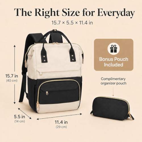 Laptop Backpack for Women, 15.6 Inch Work Backpack Purse with Large Capacity, Water-Resistant Nurse Bag, College Bookbag for School, Casual Travel Daypack, Black and Beige - color: Black and Beige
