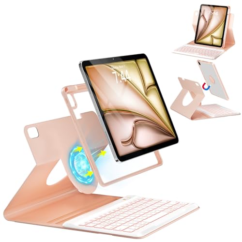 OYEEICE Keyboard Case for iPad Air 13-inch (M2) 2024 | for Pro 12.9-inch 6th/5th/4th/3rd Gen 2022, 360° Rotatable, 7-Colors Backlit Wireless Keyboard, Slim Folio with Pencil Holder - color: Pink, size: 12.9 inch (13"Air M2 & 12.9"pro 6/5/4/3th)