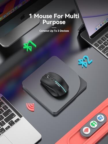 RAPIQUE Bluetooth Wireless Mouse - (BT1/BT2+USB) Tri-Mode High Performance, Rechargeable, Quiet Click, Multi-Device Compatibility for Laptop, Computer, MacBook, Tablet, PC (Black) | 3-Device Switching, USB-C Rechargeable, Quiet Clicks, 800/1200/1600 DPI,