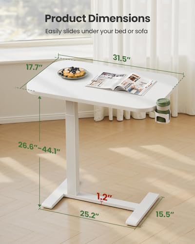 Marsail 32×16″ Overbed Table with Hidden Wheels, Pneumatic Adjustable Bedside Table, Mobile Rolling Table with 360° Hideable Cup Holder, White - color: White, size: 32x16"