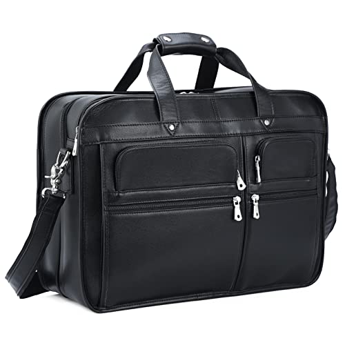 Polare 18.5” Full Grain Leather Laptop Briefcase Messenger Bag Tote For Men Large Fits 17.3” Laptop - color: Black(x-large)