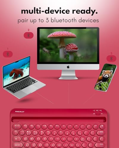 Macally Bluetooth Tablet Keyboard - Multi Device Wireless Keyboard for Phone, iPad mini/Pro, Android - Rechargeable with Built in Stand and Quiet Keys - color: Viva Magenta