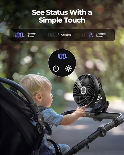 Xasla 10000mAh Portable Clip On Fan With Light, 8 in, Rechargeable Battery | 24H Long-last, Digital Display, 3 Speeds, 360° Rotate, Ideal USB Fan for Golf Cart, Outdoor Camping, Travel, Home, Office,Gym - color: Grey
