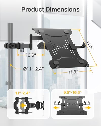 monTEK 2-in-1 Universal Laptop Pole Mount Tray for 10”- 15.6” Notebook or 17”-32” Monitor, Full Motion Laptop Mount with Removable 75/100mm VESA Plate, Fits 1.1”-2.4” Pole Diameter, Black - size: for Laptop