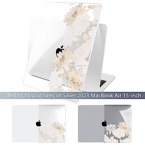 Batianda Case for MacBook Air 15" with M5 M4 M3 M2 Chip, Golden Lotus | 4-in-1 set with gold lotus line flowers design, lightweight slim hard shell protection for elegant, minimal and office user - color: Gold Lotus