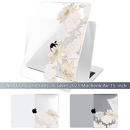 Batianda Case for MacBook Air 15" with M5 M4 M3 M2 Chip, Golden Lotus | 4-in-1 set with gold lotus line flowers design, lightweight slim hard shell protection for elegant, minimal and office user - color: Gold Lotus