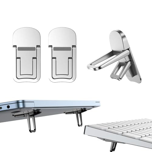 2PCS Metal Mini Foldable Laptop Stand, Portable Computer Keyboard Riser with 2 Adjustable Angles, Self-Adhesive Invisible Notebook Stand and Keyboard Lift for Desk (Silver) - color: Silver