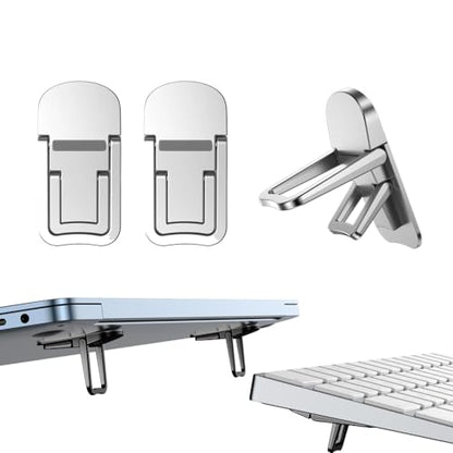 2PCS Metal Mini Foldable Laptop Stand, Portable Computer Keyboard Riser with 2 Adjustable Angles, Self-Adhesive Invisible Notebook Stand and Keyboard Lift for Desk (Silver) - color: Silver