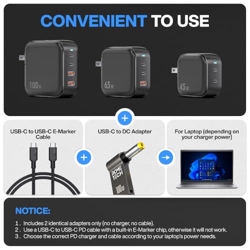 USB C to DC Adapter, Type C to DC with Built-in PD and E-Mark Smart Chip Universal, Input 19V ⎓ 4.74A, with 5.5×2.5 mm Plug, USB C to Laptop Charger (2-Pack)