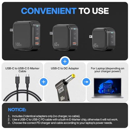 USB C to DC Adapter, Type C to DC with Built-in PD and E-Mark Smart Chip Universal, Input 19V ⎓ 4.74A, with 5.5×2.5 mm Plug, USB C to Laptop Charger (2-Pack)