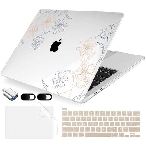 MecBevia Compatible with MacBook Pro 13 inch Case 2022 2021 2020 Release M2 M1 A2338 A2251 A2289, Plastic Hard Shell&Keyboard Cover&Screen Protector&Webcam Cover&Type-C Adapter, Engraved Floral - color: Engraved Floral