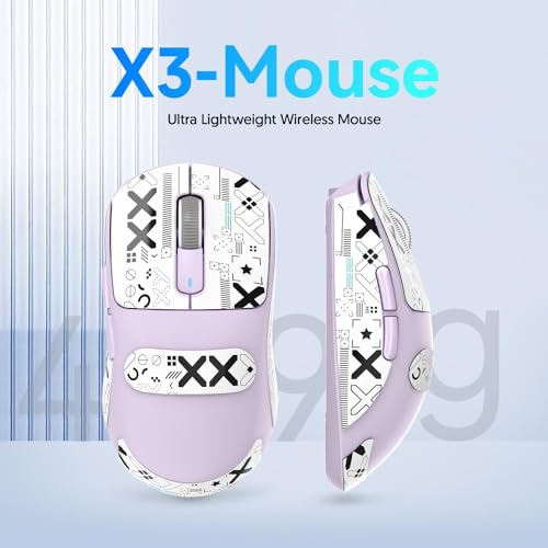 ATTACK SHARK X3 49g Ultra-Lightweight Wireless Gaming Mouse, Purple&Tape | Bluetooth 5.2/2.4G Wireless/Wired, PAW3395 Gaming Sensor, 26K DPI, 200h Battery Life, Programmable Buttons for PC/Mac/Win - color: Lavender & Griptape
