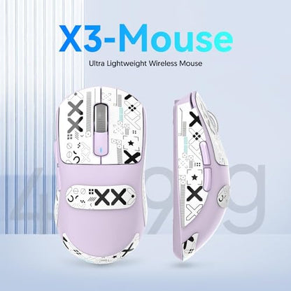 ATTACK SHARK X3 49g Ultra-Lightweight Wireless Gaming Mouse, Purple&Tape | Bluetooth 5.2/2.4G Wireless/Wired, PAW3395 Gaming Sensor, 26K DPI, 200h Battery Life, Programmable Buttons for PC/Mac/Win - color: Lavender & Griptape
