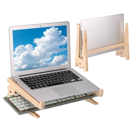 PATIKIL Wooden Laptop Stand, 1 Pack Dual-Use Laptop Stand Vertical Pine Wood Anti-Slip Ventilated Space-Saving Notebook Riser for 13-18 Inch Desk Tablets, Koi-Shaped - size: 13-18 Inch
