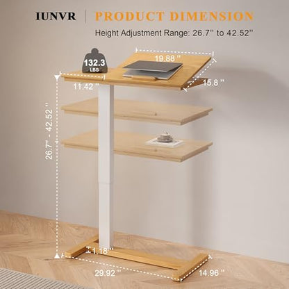 IUNVR Solid Wood Overbed Bedside Table with Hidden Casters, Adjustable Hospital Bed Table Rolling Laptop Desk with Split Dual Desktop & Pneumatic Gas Spring Lift for Hospital, Home Use (Natural)