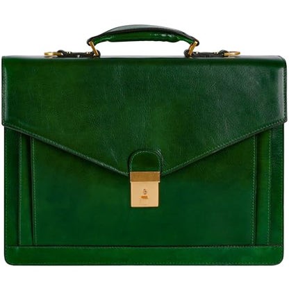 Time Resistance Leather Briefcase for Men - Business Laptop Bag - Italian Handmade Leather Bag - Attache - Gift Box Included - color: Green
