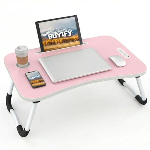 BUYIFY 23" Foldable Lap Desk for Laptop Writing w/Cup Holder Pink | Sturdy and Durable, Laptop Bed Desk with Tablet Slot, No Assembly, Space Saving for Bed Couch Dorm WFH Students - color: Pink