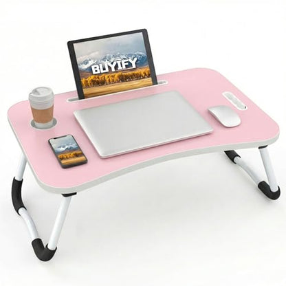 BUYIFY 23" Foldable Lap Desk for Laptop Writing w/Cup Holder Pink | Sturdy and Durable, Laptop Bed Desk with Tablet Slot, No Assembly, Space Saving for Bed Couch Dorm WFH Students - color: Pink